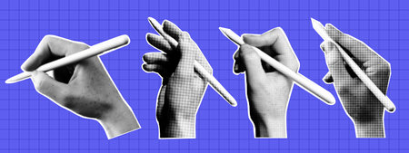 Trendy halftone collage hands holding pencil on blue checkered background. Vector elements in pop art styleのイラスト素材