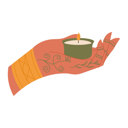 Henna hand with candle. Ceremony at henna night. Arabic culture tradition. Traditional turkish wedding.のイラスト素材