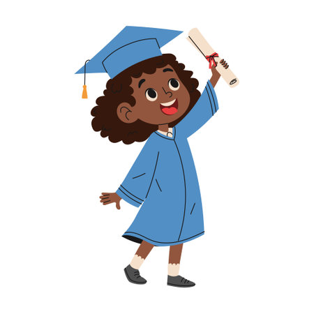 Happy kid in graduation costume holding diploma. Education concept. Hand drawn style.のイラスト素材