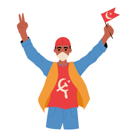 Worker with hammer and sickle at a Labor Day paradeのイラスト素材