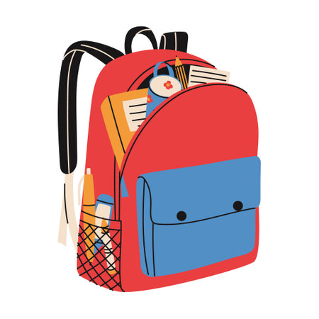Colorful school bag. Backpack with study supplies. Pencil case, books, marker, pen. Back to school concept.のイラスト素材