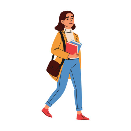 High school girl with bag holding books. Education concept. Hand drawn style.のイラスト素材