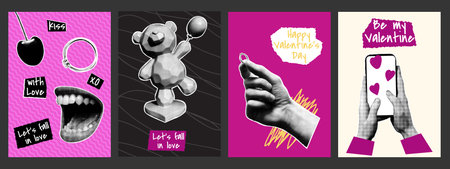 Valentine's Day collage posters with halftone effect. Statuette, lips, cherry, ring. Trendy vector illustration