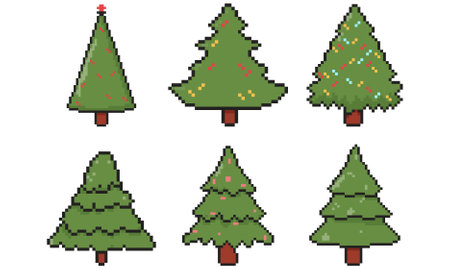 8 bit christmas tree icon set. Pixel art object. Old school computer graphic styleのイラスト素材
