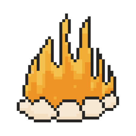8 bit bonfire icon. Pixel art object. Old school vintage game graphicsのイラスト素材
