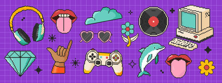 Pixel art retro y2k elements icon set in 8 bit style. Retro 80s,90s video game graphics. Headphones,...