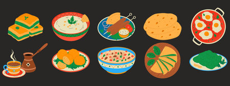 Turkish cuisine set. Traditional food. Baklava, kebab, dolma, hummus, flatbread.のイラスト素材