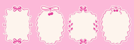 Coquette bow frames. Hand drawn whimsical borders on pink backgroundのイラスト素材