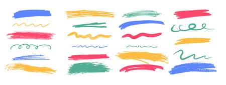 Colorful chalk underline and scrawl stroke set. Hand drawn pastel brush lines, wavy and curly underlines, crayon highlight elements. Vector illustration on white backgroundのイラスト素材