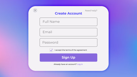 Register form with login and password fields. Vector illustration of sign up in user interfaces. Minimalistic registration screen for webのイラスト素材