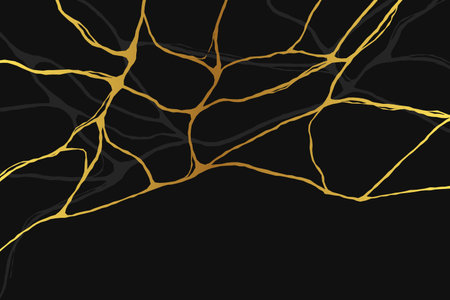 Gold kintsugi crack lines on black background. Japanese golden pattern, luxury marble texture. Vector illustrationのイラスト素材