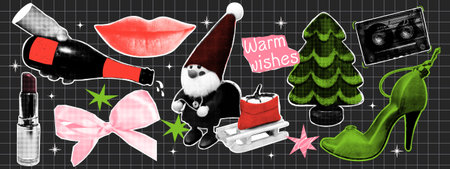 Retro halftone New Year collage. Bottle of champagne, bow, lipstick, Santa, Christmas tree, cassette tape. Vintage dotted elements. Trendy vector design for holiday cardsのイラスト素材
