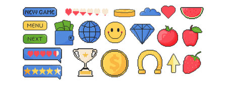 8 bit game icon set. Pixel art object. Old school computer graphic style. Horseshoe, dialog boxes, money, fruit, chest, reward, trophyのイラスト素材