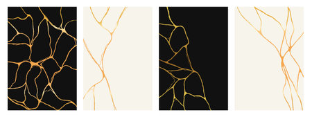 Japanese kintsugi gold crack templates. Luxury marble texture with golden lines. Modern vector illustrationのイラスト素材