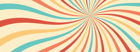 Retro swirl sunburst background, groovy spiral rays. Vintage abstract pattern with grunge texture. Funky wave artのイラスト素材