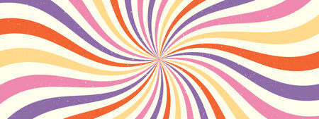 Groovy psychedelic swirl background. Retro spiral starburst pattern. Vintage abstract burst bg