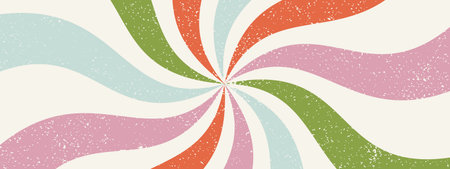 Retro swirl groovy starburst background with carnival spiral rays. Vintage 70s sunburst pattern with grunge textureのイラスト素材