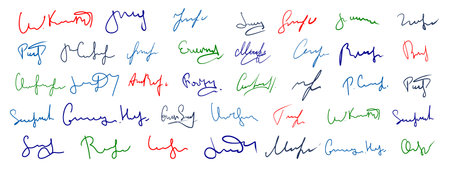 Set of vector handwritten fake signatures. Fictitious multicolored ink autographs for document and contractのイラスト素材
