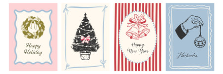 Hand drawn whimsical Christmas and New Year cards. Ink sketch posters with wreath, holiday tree, bells. Retro coquette styleのイラスト素材