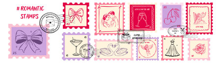 Valentine stamps in whimsical romantic style. Hand drawn postmarks, love letter stickers and doodle labels with bows, hearts, cupids and wedding elements. Retro collection for Valentines Day cardsのイラスト素材