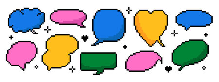 Pixel speech bubbles for game design. Set of 8-bit retro talk balloons, empty text frames and dialog...