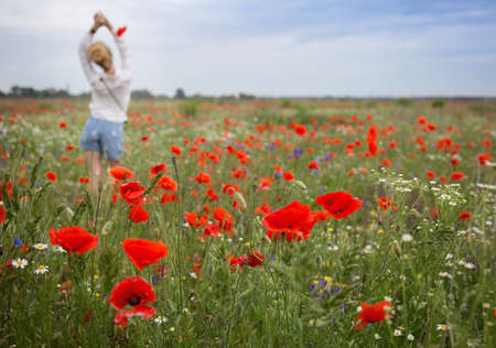 Unrecognizable woman out of focus among red poppy flowers in the meadow. Sensual female portrait in nature. digital detox, summer weekend in nature, enjoy the moment. Energy of the earthの写真素材