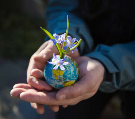 male hands hold small flowers that grow from a ball that looks like a globe. beginning of a new life, spring joys. Eco education, environmental awareness. Caring for nature in hands of humanityの写真素材