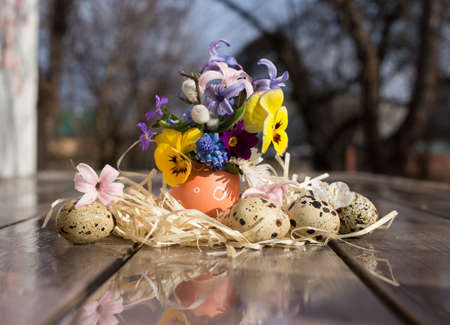 blooming spring composition of eggs and flowers. Easter spring concept. creative ideas for decor....
