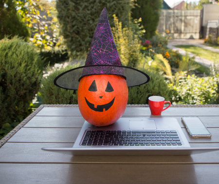 cute big orange halloween pumpkin with painted face in witch hat works on laptop at table in garden. Halloween celebration business concept, office at home, freelancing, fun online workの写真素材