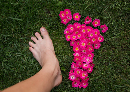 barefoot female foot and footprint made of pink roses on green grass. The concept of freshness, naturalness, freedom, ease of movement. flower fantasy. view from above. summer vibeの写真素材