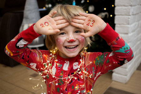 smiling cheerful child in a festive make-up of a deer, numbers of new year 2023 are written on palms. The kid is waiting for a miracle on Christmas Eve. New Year's winter holidays, pampering at homeの写真素材