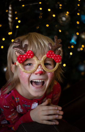 Positive Christmas portrait smiling happy child in deer holiday make-up. Christmas, New Year, merry magical winter holidays, pampering at home. happy childhoodの写真素材