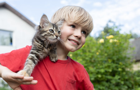 striped fluffy kitten sits on the shoulder of a cute boy of 7 years old, looking in one direction. cat day. happy childhood. Gentle positive atmosphere of communication between animals and peopleの写真素材