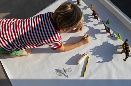 on a sunny day, the child circles the contrasting shadows from dinosaur toys. creativity of a preschooler, junior schoolchild, ideas for children's creativity. entertainment at home on vacationの写真素材
