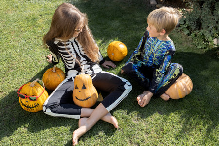 Two children. a boy and a girl in Halloween costumes are sitting on the grass with orange painted pumpkinsの写真素材