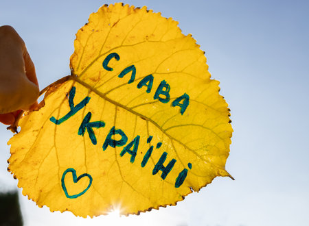 sunny yellow autumn leaf with an inscription in Ukrainian translated into English glory to Ukraine against a cloudless blue sky. autumn positive mood, stop war. I love autumn and Ukraineの写真素材