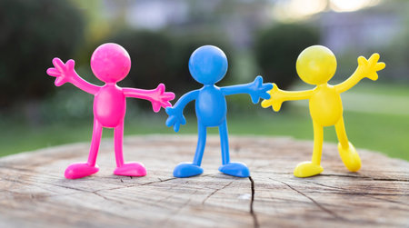Miniature toy three human figures in yellow, pink and blue. concept of friendship, joy and unity....