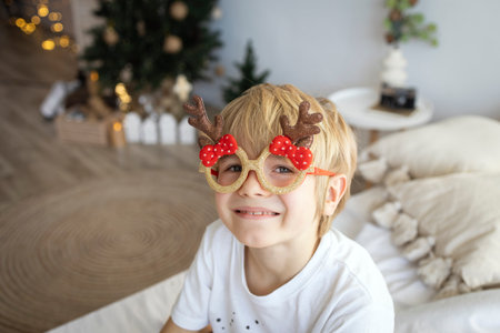 Portrait of a happy boy's face in funny holiday glasses looking at the camera. generation Z. New Year holidays. positive attitude. happy winter holidays, relaxation at homeの写真素材