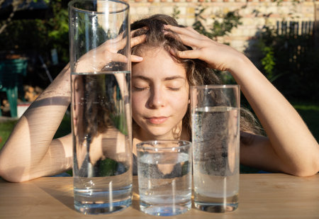 tense young woman, teenage girl with closed eyes holds head in hands, glasses with water in front of her. Migraine, stress, problems, worries, headache, tired. Water is an essential fluid for the bodyの写真素材