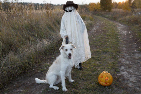 person in ghost costumes walks his pet on Halloweenの写真素材