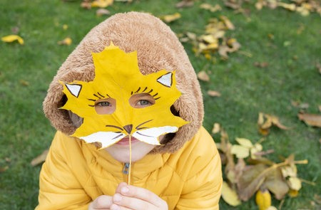 Autumn mood. child holds fox mask cut out of a large maple leaf in front of his faceの写真素材