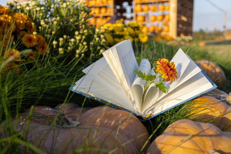 open book, pages are folded in shape of heart and orange flower on it. Love autumn and books. A book in the park on large pumpkins near a chrysanthemum bush. Back to school. Education concept.の写真素材