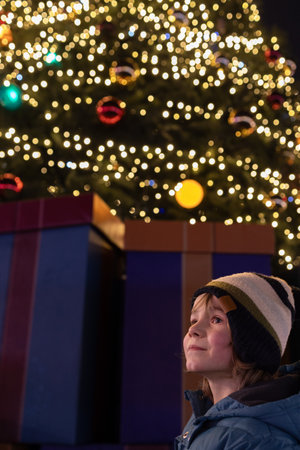Portrait of an 8-year-old boy in a warm hat on a winter evening in a park, against the backdrop of...