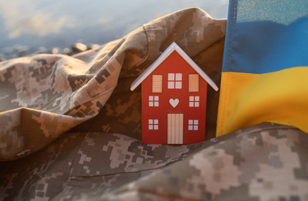 The concept of love and protection of our homeland, Ukraine. Financial support and donations to support people who lost their homes due to the war. Stop the war. Defender of Ukraine Dayの写真素材