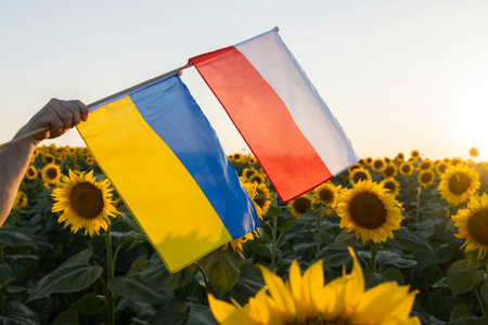 national flags of Poland and Ukraine, displayed against blooming sunflower field on sunny day, symbolize international unity and cooperation. Immigration, refugees, imports, diplomatic relationsの写真素材