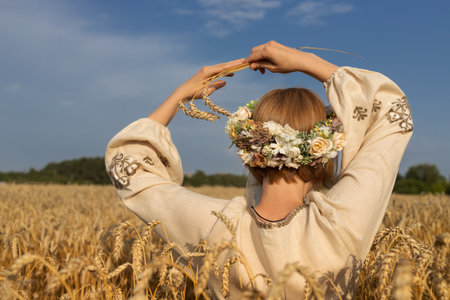 unrecognizable woman wearing a flower wreath and an embroidered light dress enjoys a sunny dayの写真素材