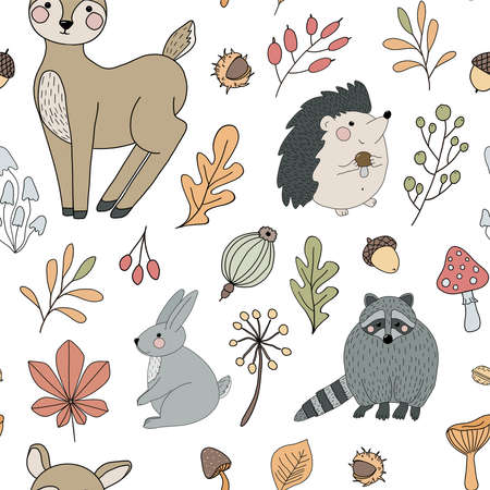 Autumn hand drawn colorful seamless pattern with forest animals racoon, deer, hedgehog and rabbit. Mushroom, leaf, nut, clove, walnut, flowers, poppy, acorn. Detailed botanical illustrations.の写真素材
