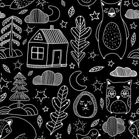 Flat illustration sleepy forest with owl, bear, hedgehog, fox, the moon, stars, trees and house. Perfect for print, baby cloths print and linensの写真素材