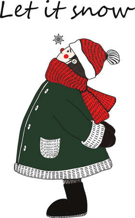 Illustration depicting a happy cute boy in a big coat, red scarf and a knitted cap looks at a snowflake. Hand drawn simple vector illustrationの写真素材
