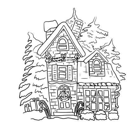 Merry Christmas house. Cartoon hand drawn vector illustration. Happy new year banner. Vintage style. Greeting card. Nature. Winter time.の写真素材